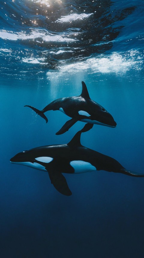 Killer Whales Swimming Gracefully in Deep Blue Ocean