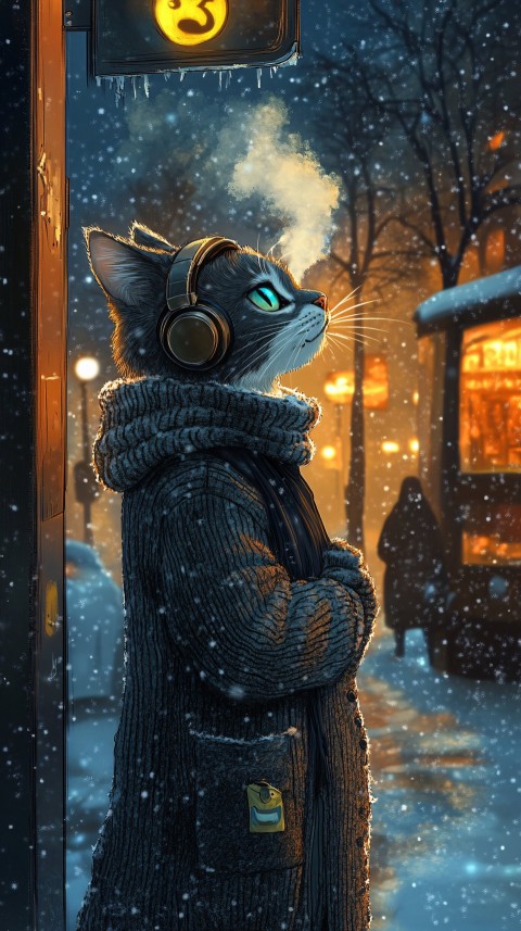 Cat in Winter Clothes Waiting at Bus Stop