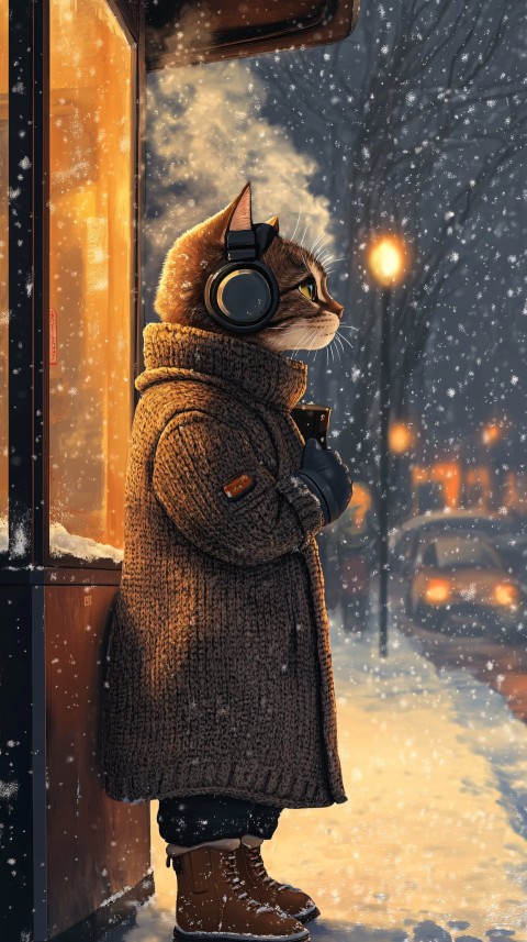 Cat in Winter Coat Waiting at Bus Stop