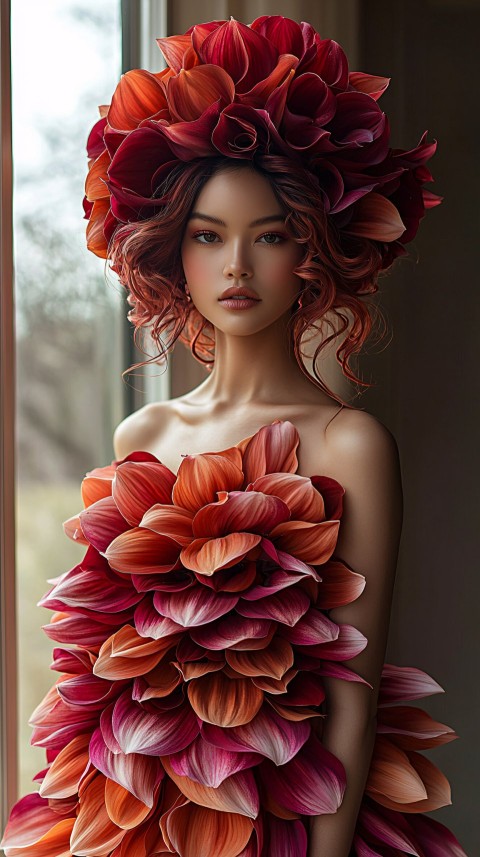 Radiant Female in Petal Gown with Dahlia Hair