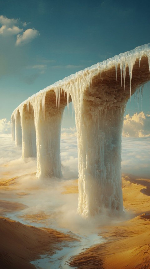 Ice Bridge Over Desert Chasm with Fog-Filled Abyss