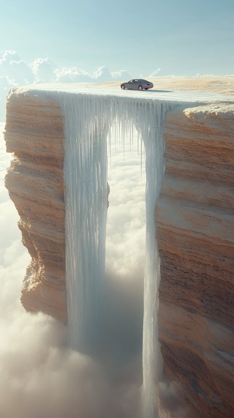 Ice Bridge Over Fog-Filled Chasm in Desert