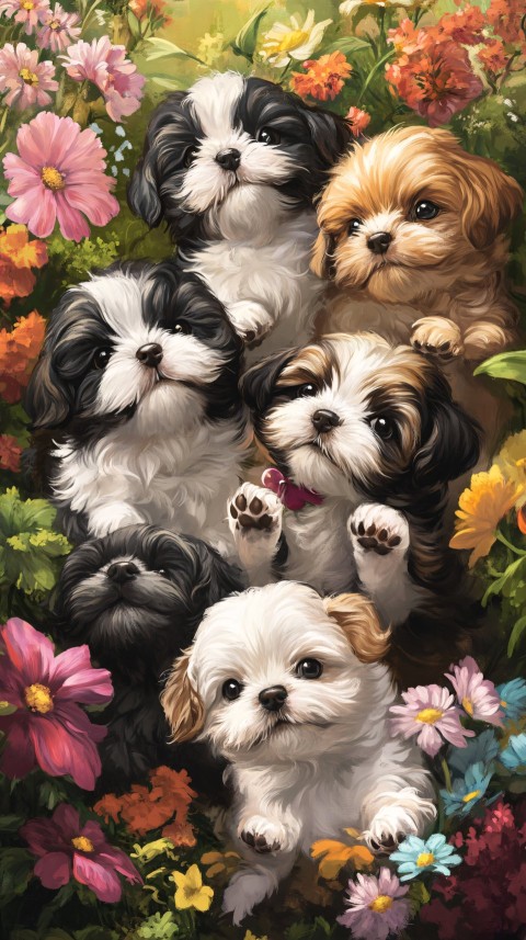 Playful Shih Tzu Puppies in a Colorful Garden