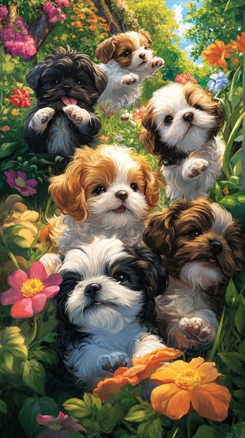 Playful Shih Tzu Puppies in a Vibrant Garden