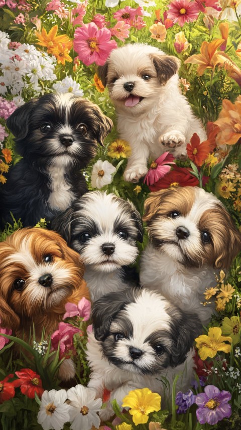 Playful Shih Tzu Puppies in Colorful Garden Setting