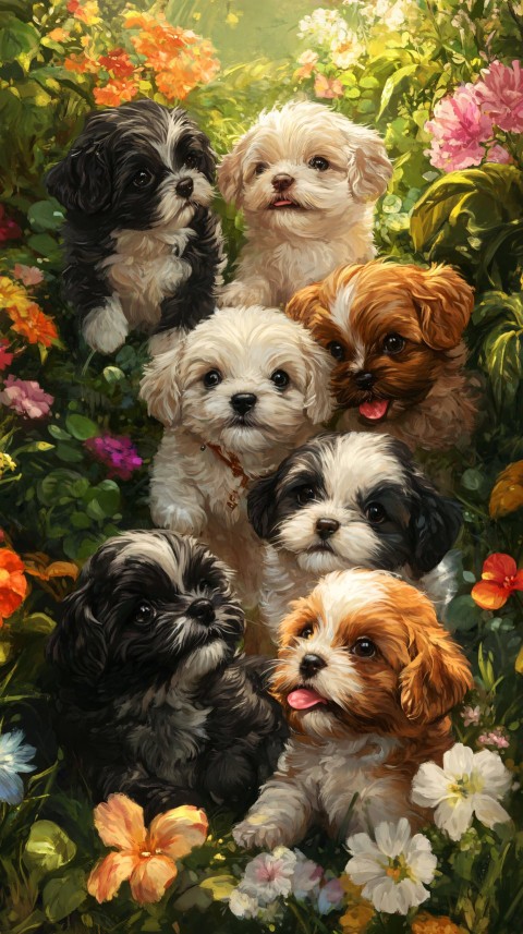 Playful Shih Tzu Puppies in a Colorful Garden