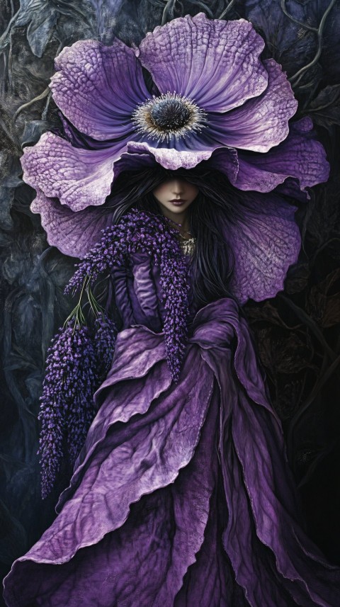 Beautiful Woman Dressed as Lavender Flower in Darkness