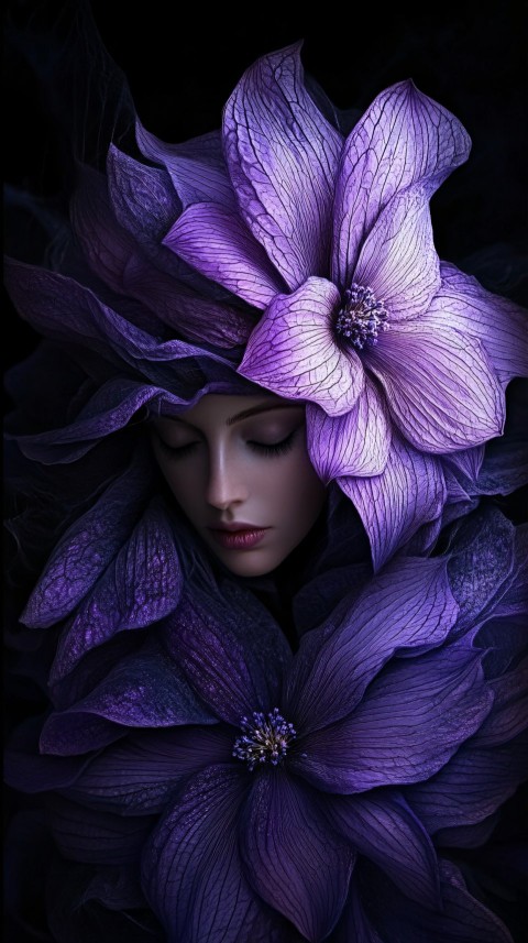 Beautiful Woman Dressed in Lavender Flower Costume in Darkness