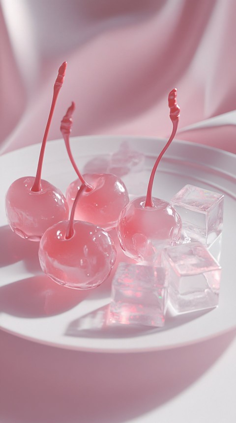 Glass Cherries and Ice on White Plate Close-Up