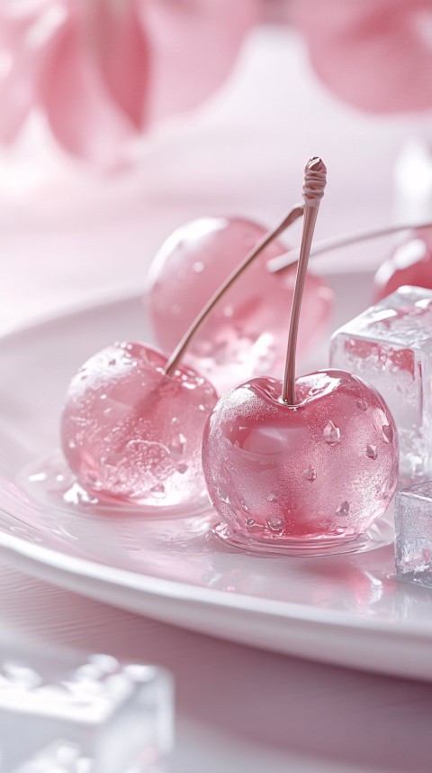 Pink Glass Cherries with Ice Cubes on White Plate