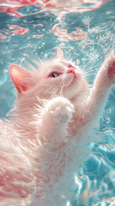 White Cat Floating in Luminous Holographic Blue Water