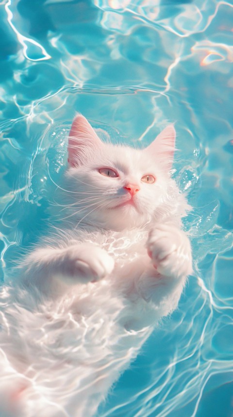 White Cat Floating in Holographic Blue Water Scene