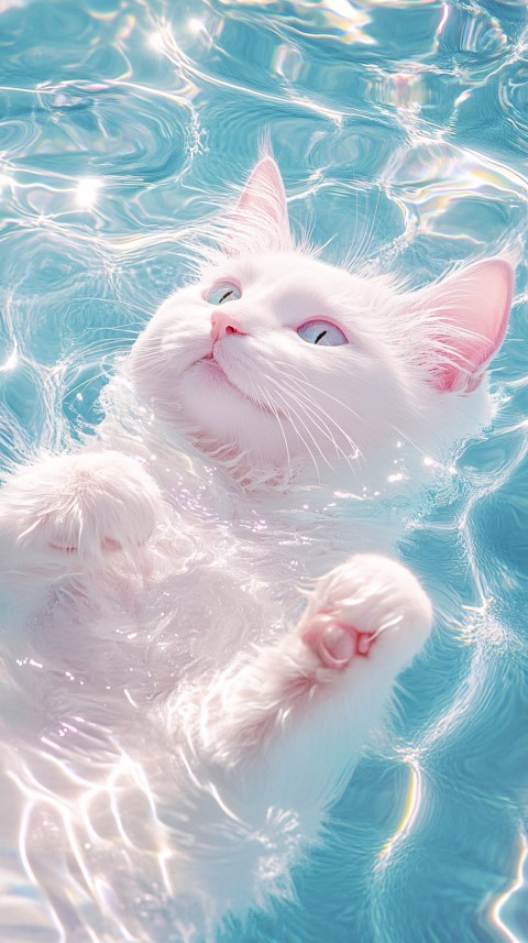 White Cat Floating in Holographic Blue Water Aesthetic