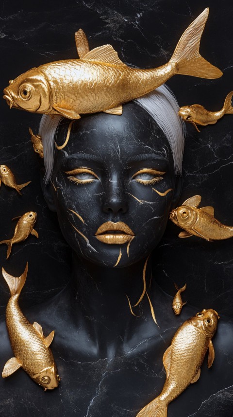 Black Marble Woman Pisces Zodiac with Gold Details