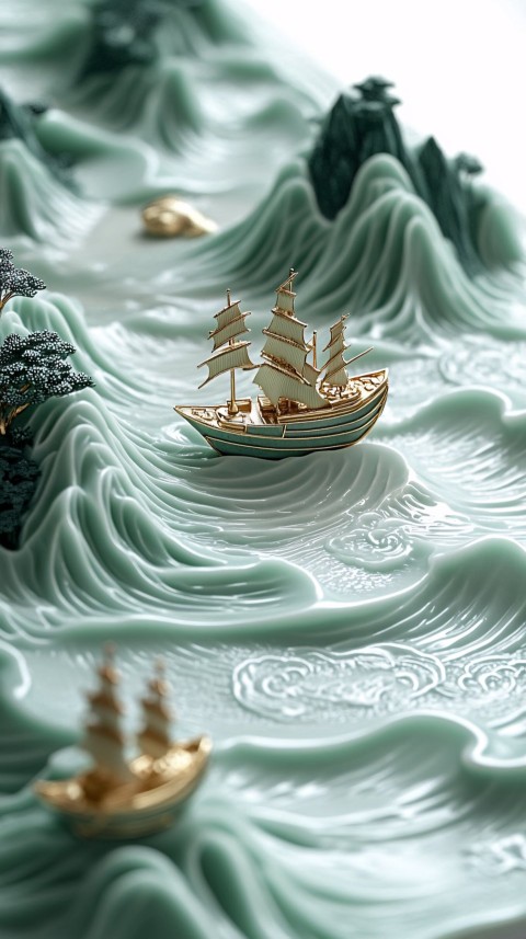 Celadon Ceramic Artwork with Traditional Chinese Ocean Elements