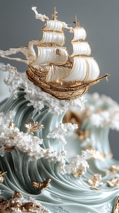 Celadon Ceramic Masterpiece with Golden Embellishments and Ocean Theme