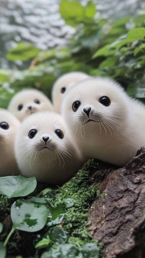 Cute White Seals with Long Hair and Black Eyes