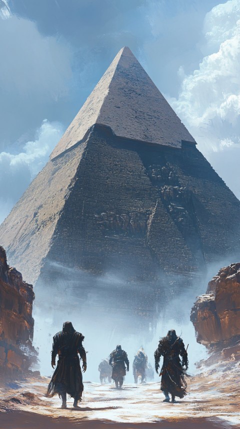 Three Giants Building Pyramid with Massive Stone Blocks