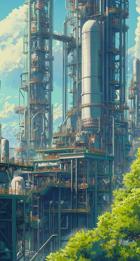 Industrial Towers and Pipes with Greenery in the Foreground