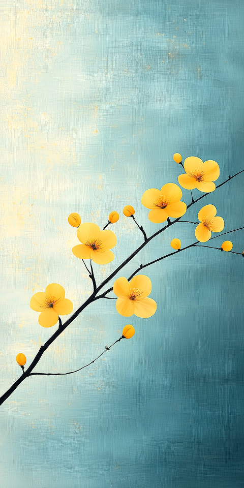 Minimalistic Yellow Blossoms on Blue Textured Background