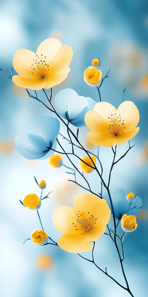 Elegant Yellow and Blue Flowers on a Delicate Branch