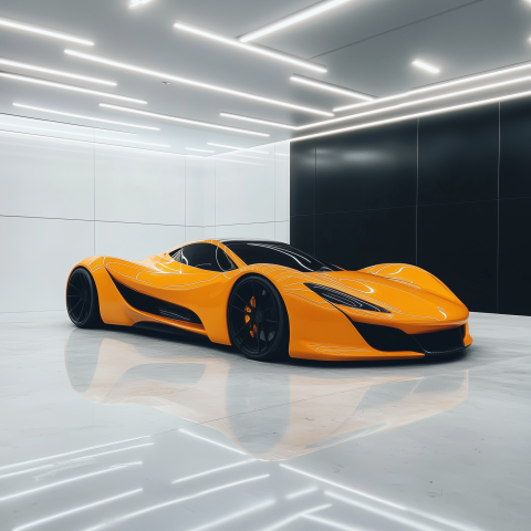 Luxury Orange Sports Car in Minimalist Showroom