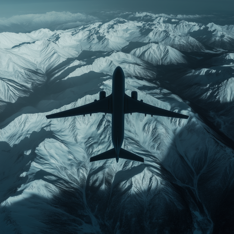 Airplane Flying Above Snow-Covered Mountains