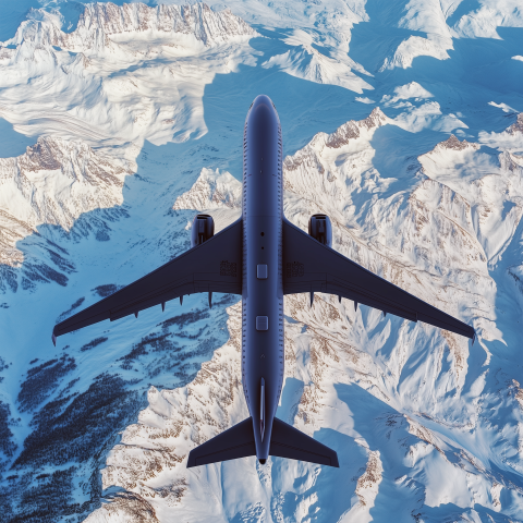 Airplane Flying Over Snowy Mountain Range