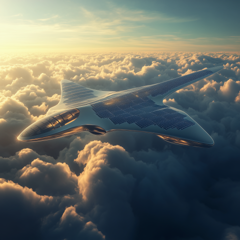 Futuristic Solar-Powered Aircraft Above Clouds