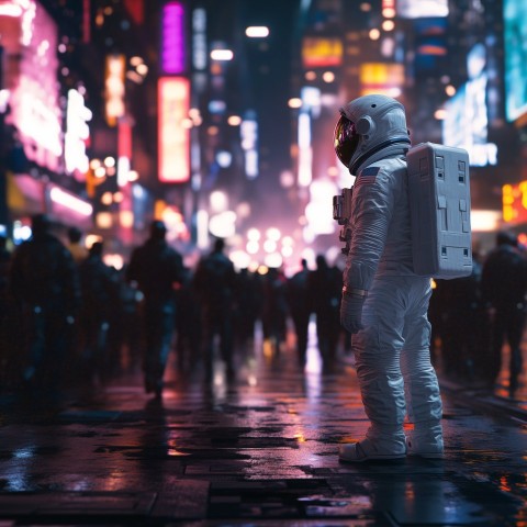 Astronaut Alone in a Neon City