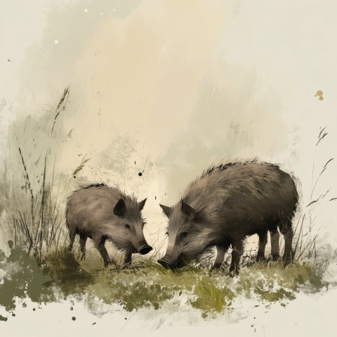 Minimalist Wild Boars Grazing Artwork