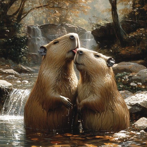 Capybaras Grooming in the River