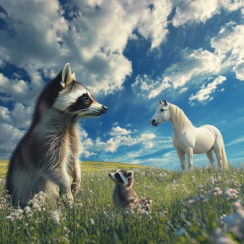 Raccoon and Horse in a Summer Field