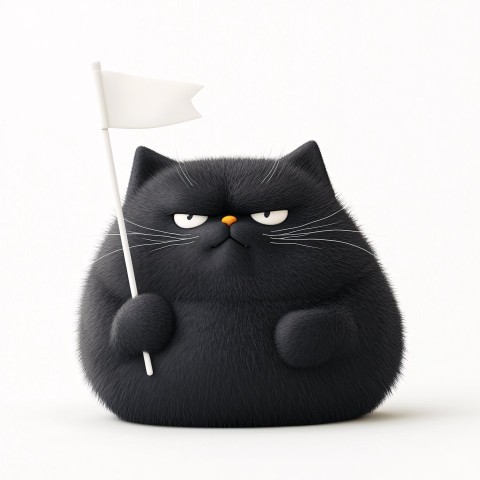 Lazy Black Cat Holding White Flag in Cartoon Style