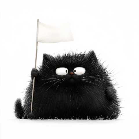 Lazy Fluffy Black Cat with White Flag