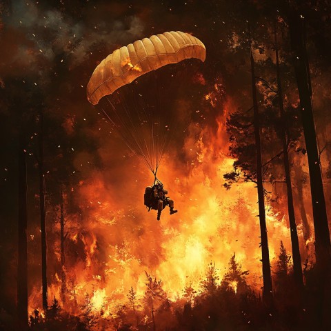 Firefighter Parachutist Jumping into Forest Fire