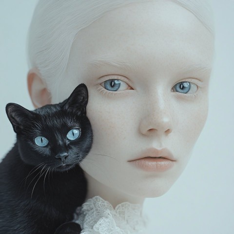 Albino Woman with Black Cat Portrait