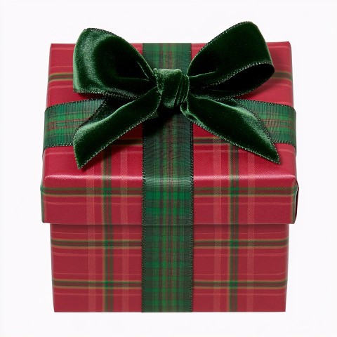 Festive Gift Box with Green Tartan Ribbon