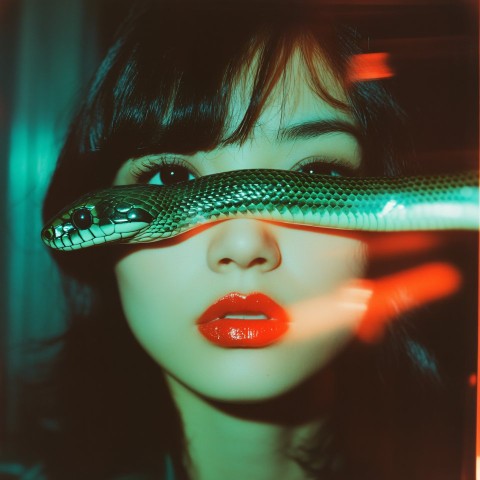 Lomo Photo of Woman with Snake and Light Leaks