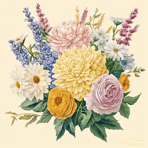 Vintage Botanical Illustration of Chrysanthemum Bouquet