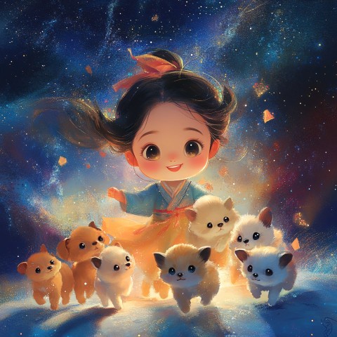 Lively Chinese Girl with Puppies in Space