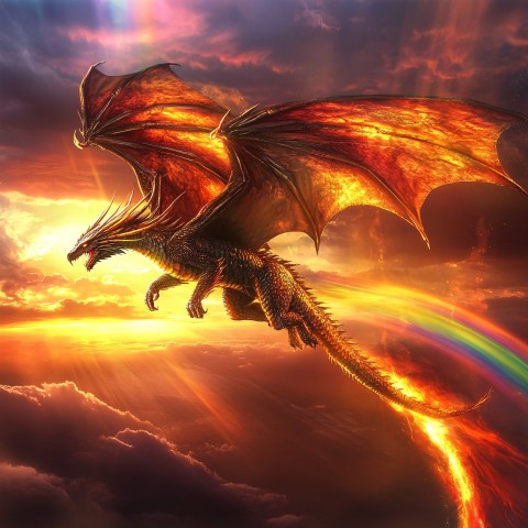 Majestic Dragon Flying Through Sunset Sky