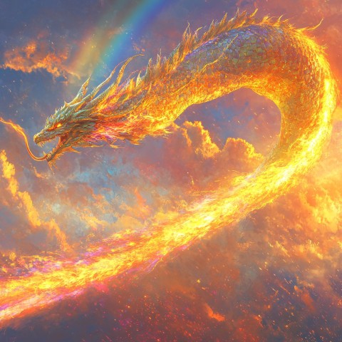 Majestic Dragon Soaring at Sunset with Rainbow Background