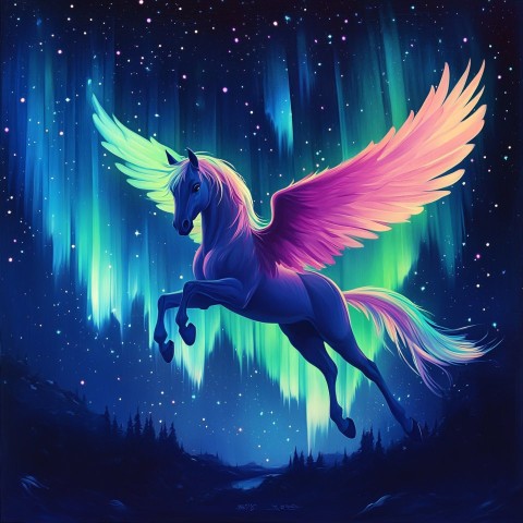 Graceful Pegasus Flying in Night Sky with Aurora Borealis