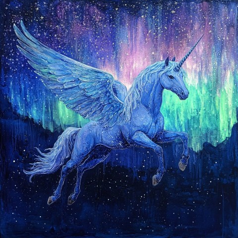 Graceful Pegasus Flying at Night with Aurora Borealis