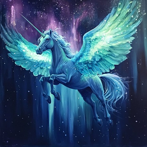 Majestic Pegasus Flying Under Northern Lights in Night Sky