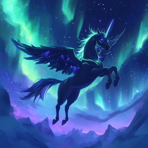 Majestic Pegasus Flying Beneath Aurora Borealis at Night