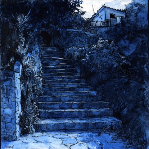 Stairway Down Ravine Sketch, Dark Blue Comic Style