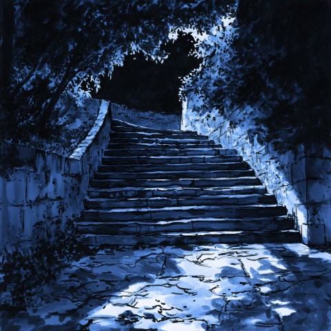 Staircase Descent in Dark Ravine, Blue Tone Sketch