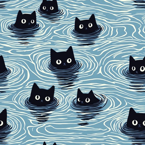 Drowned Cat Seamless Pattern with Cool-Toned Ripples